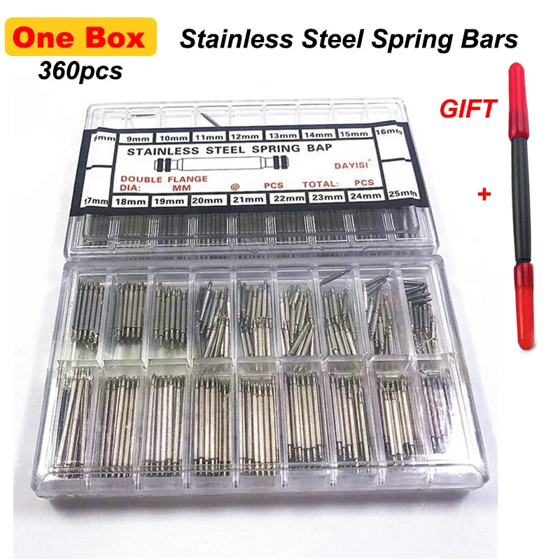 360pcs/box 8mm-25mm Stainless Steel Watch Spring Bar Strap Pins 1.5mm 1.8mm Diameter Watch Band Link Pin Repair Tool Accessories