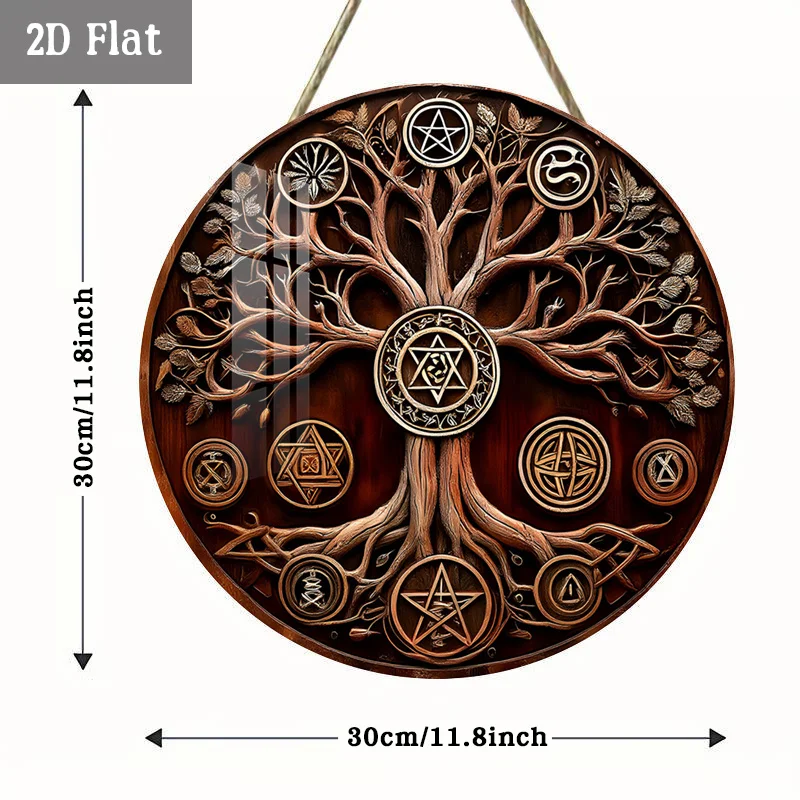 2D Flat, 1pc Sacred Tree Wooden Panel Wall Art - Mystical Pentacle & Sacred Tree Design Retro Round Frameless Suitable for Home,