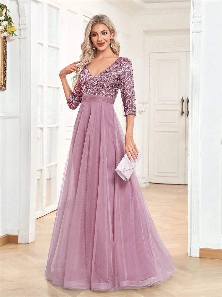 Luxury Sequin V-Neck Evening Dress Women Elegant Tulle Party Maxi Dress Short Sleeves Prom Floor Length Graduation Cocktail Gown