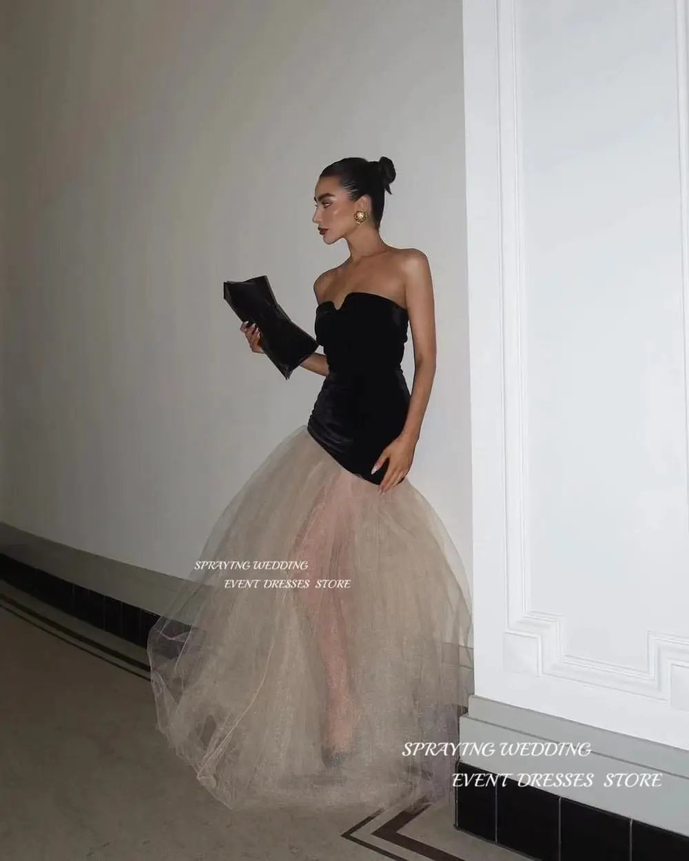 SPRAYING Sexy A Line Black Velvet Tulle Evening Party Dresses Sweetheart Ankle Length Prom Gowns Formal Birthday Dress