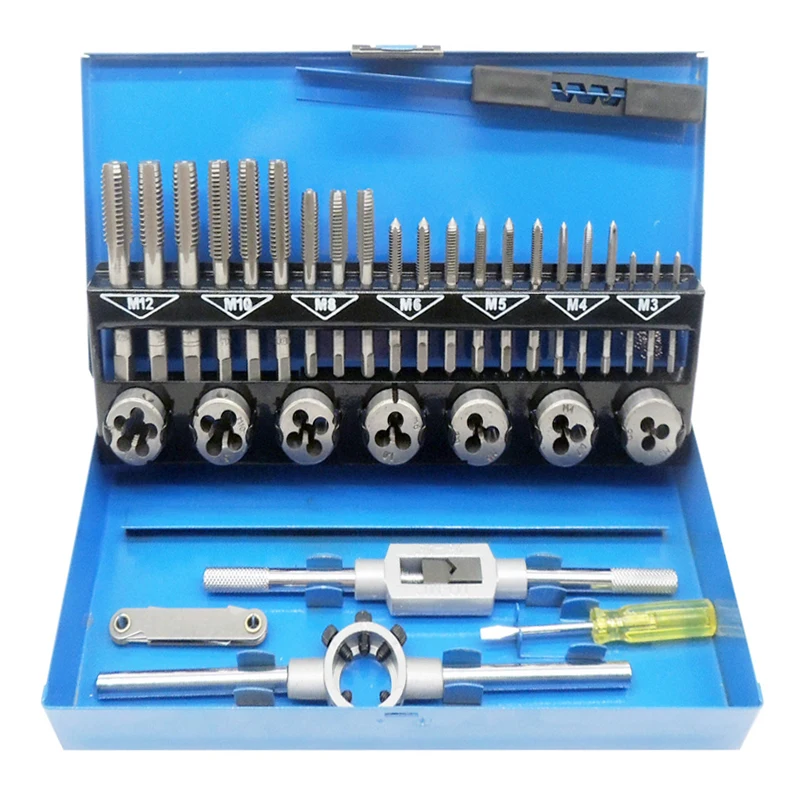 32Pc Tap And Die Set With Iron Box Wrench Thread Cutting Tap Die Screw Thread Making Tool Bit Set Professional Construction Tool