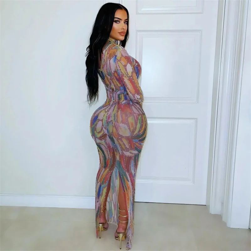 فستان ماكسي ضيق مطبوع عليه ربطة عنق ملونة من Doyerl فستان نسائي طويل الأكمام غمد نحيف قابل للتمدد للحفلات والنوادي فساتين طويلة Ropa De Mujer