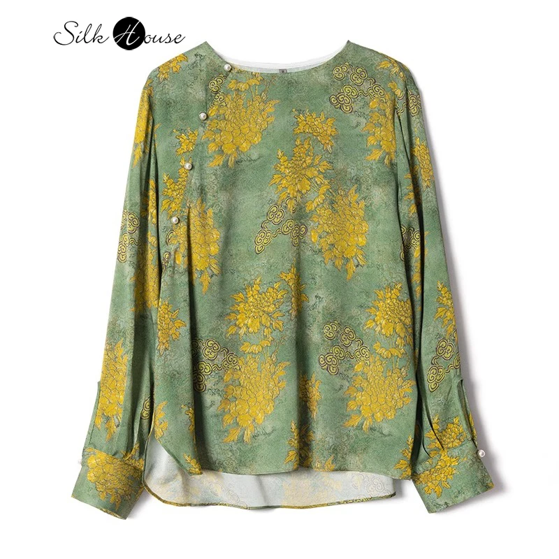 2024 New Chinese Style Retro Trend Green Bottom Chrysanthemum Versatile Comfortable 92.8%Natural Mulberry Silk Elastic Satin Top