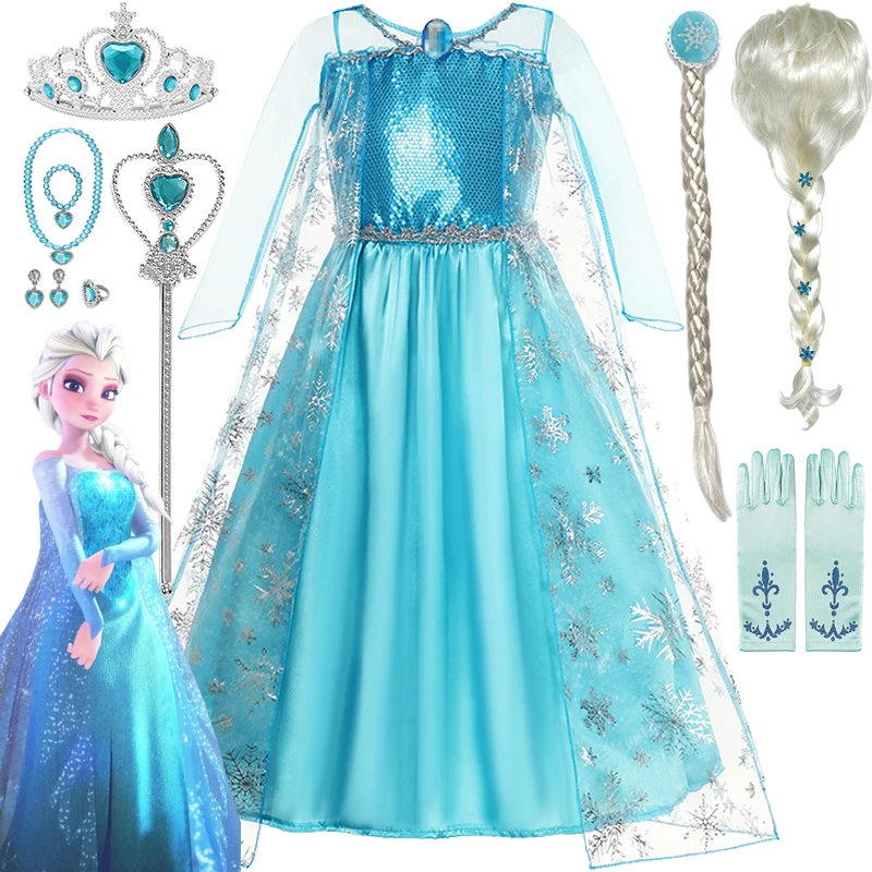 Disney Frozen Elsa Princess Dress Girls Snow Queen Costumes Frozen Elsa Cosplay Clothes Purim Carnival Birthday Party Clothings