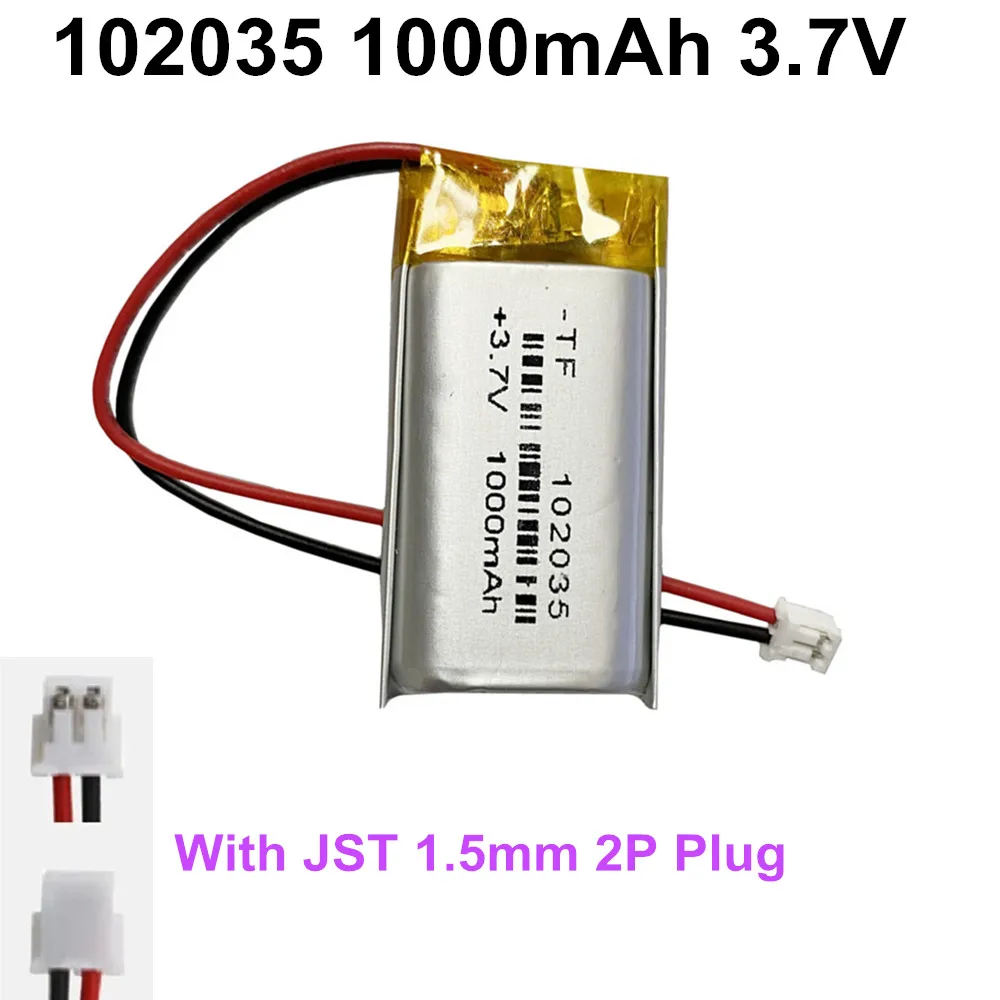 1-10pcs 102035 3.7V 1000mAh with JST 1.5mm 2P Li-Polymer Battery For mp3 lamp VR glasses recording pen bluetooth headset speaker