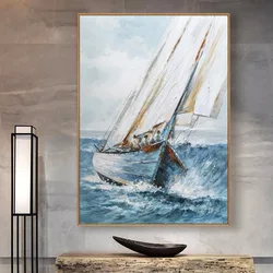 Modern Abstract Hand Painted Oil Paintings Sea Wall Art Ocean Sailing Boat Style Handmade Painting Living Room Wall Decor Home