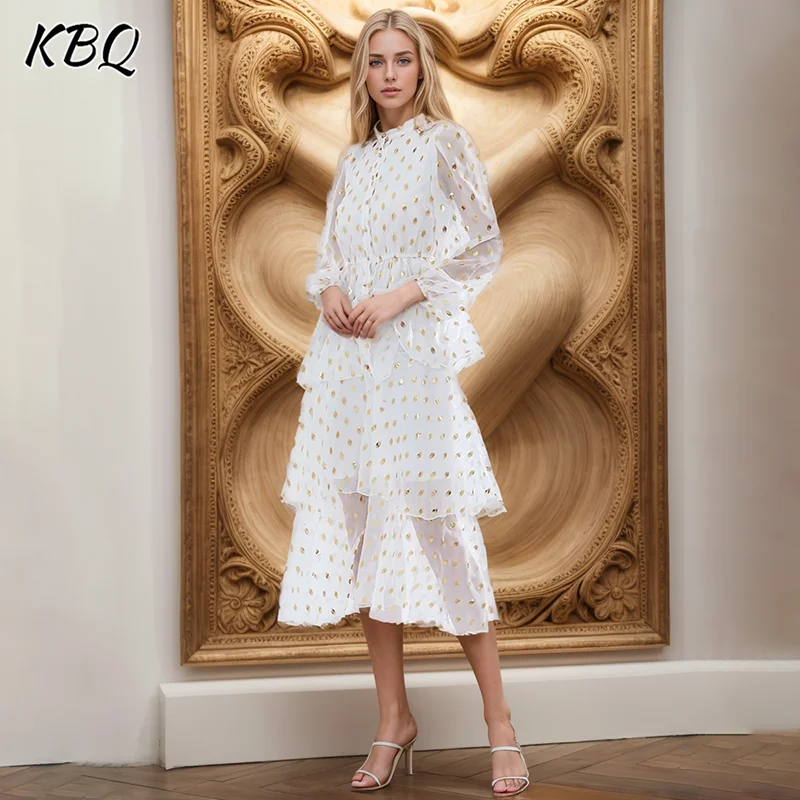 

KBQ Hit Color Printing Casual Dresses For Women Stand Collar Long Sleeve High Waist Minimalist Slimming Dress Female Fashion New