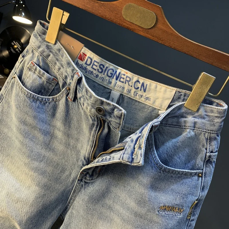 2024new summer casual shorts men's plus size light color fifth jeans trendy embroidery high-end straight short pants