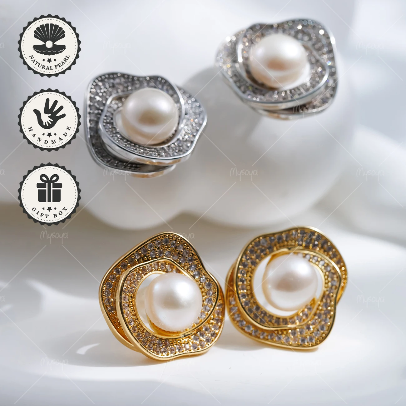 

Серьги-гвоздики MYSOYA с белым пресноводным жемчугом 8-9 мм, золотистые или серебристые, в форме нерегулярного цветка, в подарочной коробке, подарок на день рождения