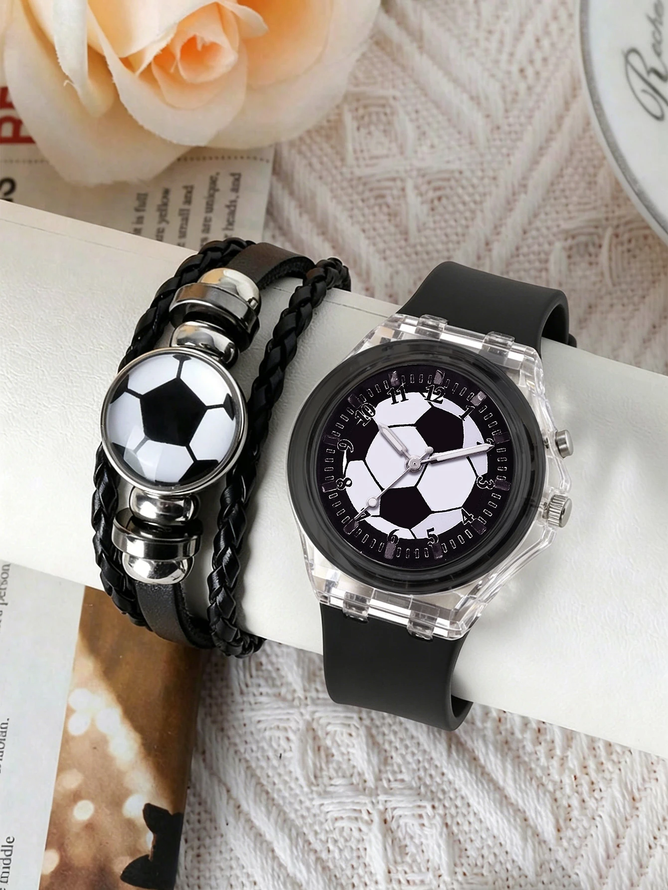 Football Themed Quartz Watch with Bracelet Set Glowing Lights Silicone Strap Versatile Daily Wear Ideal Festival Gift