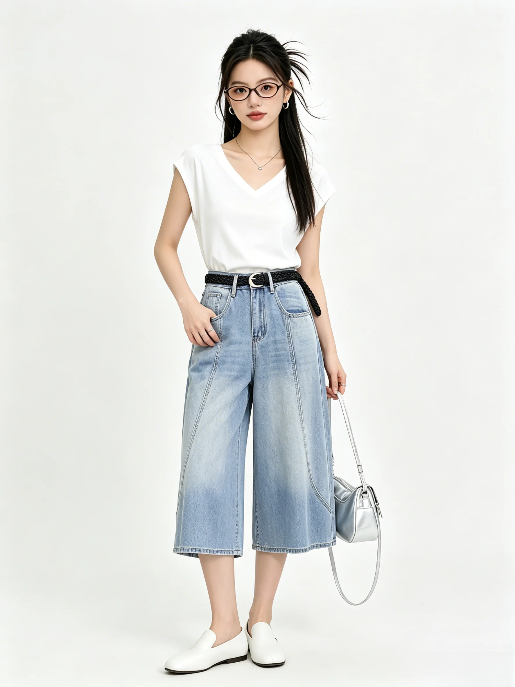 

Light Blue Washed Low Waist Jeans Summer Loose Slimming Seven-Foot Wide Leg Pants Korean Style Casual High Waist Jeans