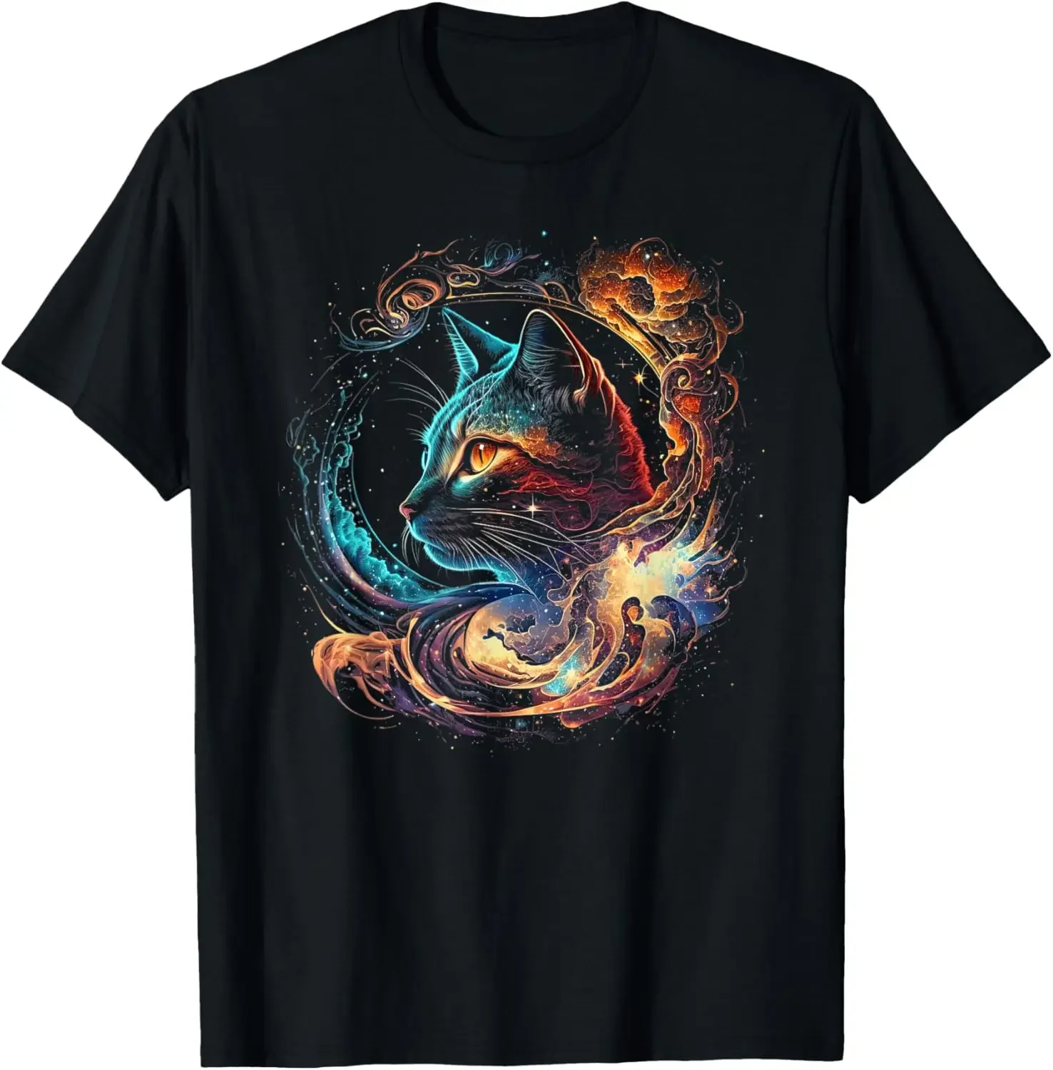 

Cosmic Galaxy Cat Head Graphic Tee Men Breathable Round Neck Short Sleeve T-Shirt