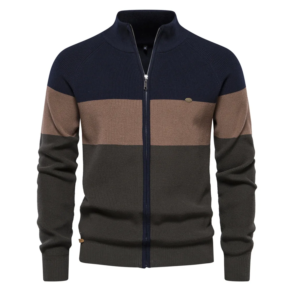 

2025 New Fashion Autumn Winter Men's Casual Trendy Striped Zipper Stand Collar Long Sleeve Knitted Cardigans Male Clothes Tops