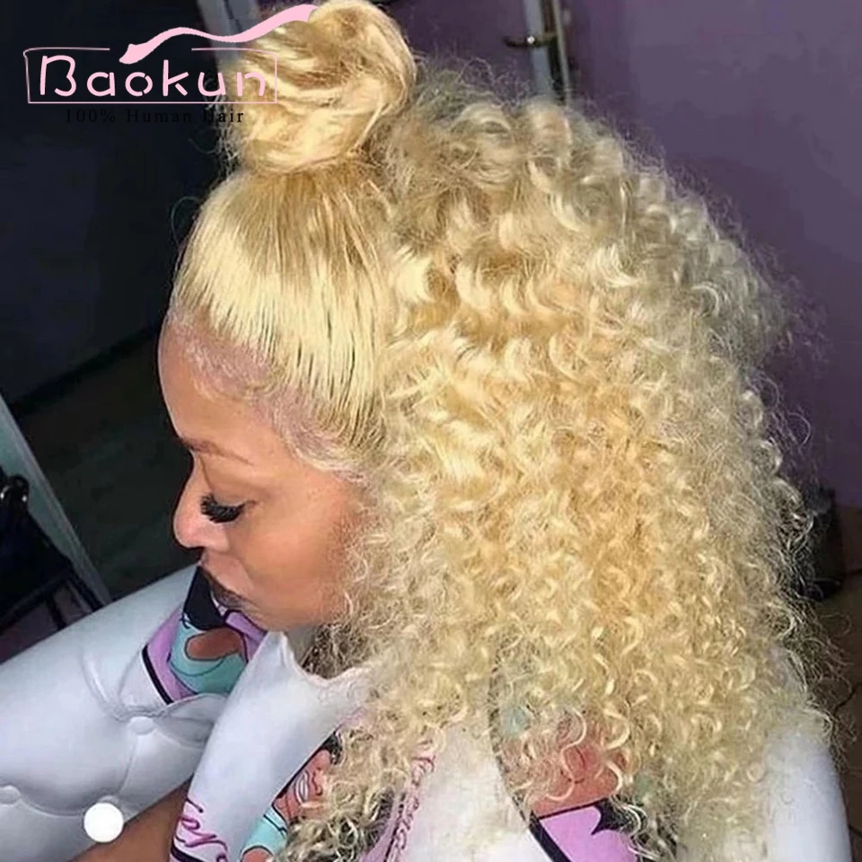 Kinky Curly Lace Frontal Wig, Cabelo Humano, Loira, Transparente HD Lace, Cabelo Virgem, 360, 13x4, 613, 13x6