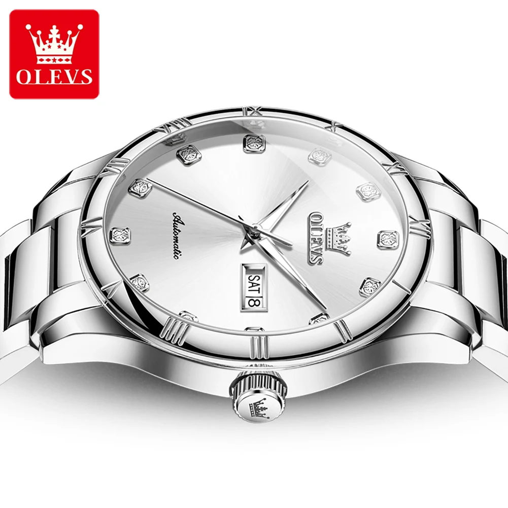 Reloj OLEVS 7030 para hombre, correa de acero inoxidable, escala de diamante, calendario doble clásico, relojes de pulsera mecánicos de lujo para hombres de negocios