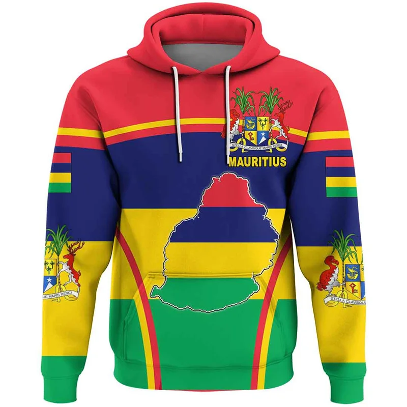 Fashion 3D Printing The Republic-of Mauritius National Flag Hoodies Mauritius Coat Of Arms Graphic Hooded Sweatshirst Pullovers