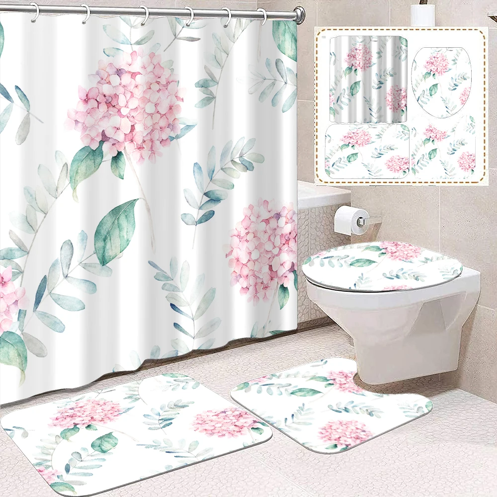 1 set of pink embroidered ball and green leaf printed shower curtains, summer style, with 12 hooks and bathroom floor mats