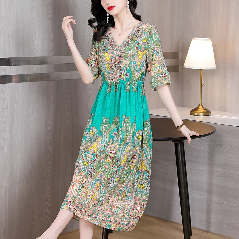 

2023 Spring and Summer New Silk V-Neck Floral Print Long Sleeve Dress Women's Temperament Loose Large Slim Knee Length Dress