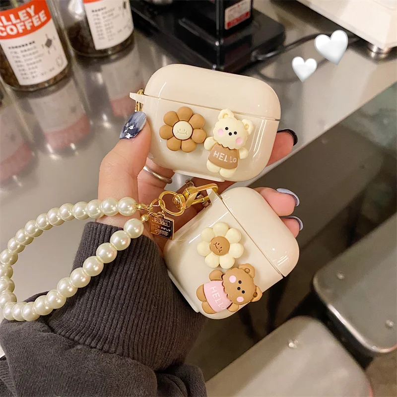 INS Cute Bear Flower Earphone Case for apple AirPods 4 New Headset Box for AirPods 3 Pro 2nd Case with Pearl Bracelet Keychain