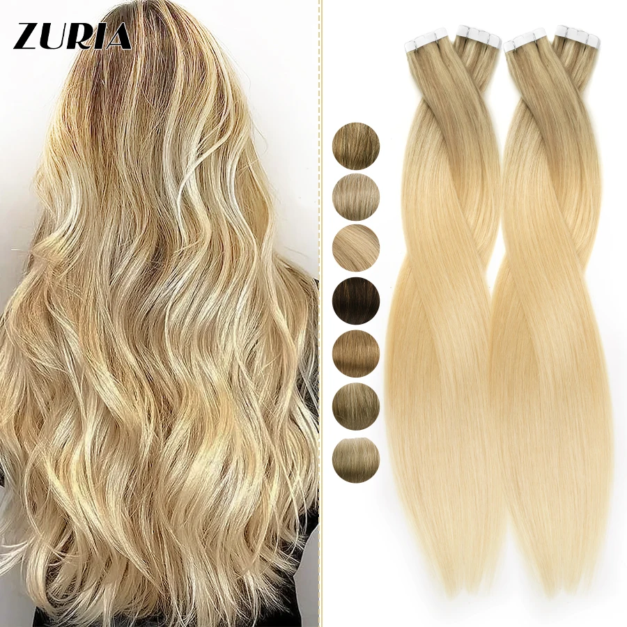 ZURIA 15 Colors Straight Mini Tape In Human Hair Extensions Invisible Skin Weft Adhesive Natural Non-Remy Real Wigs For Women