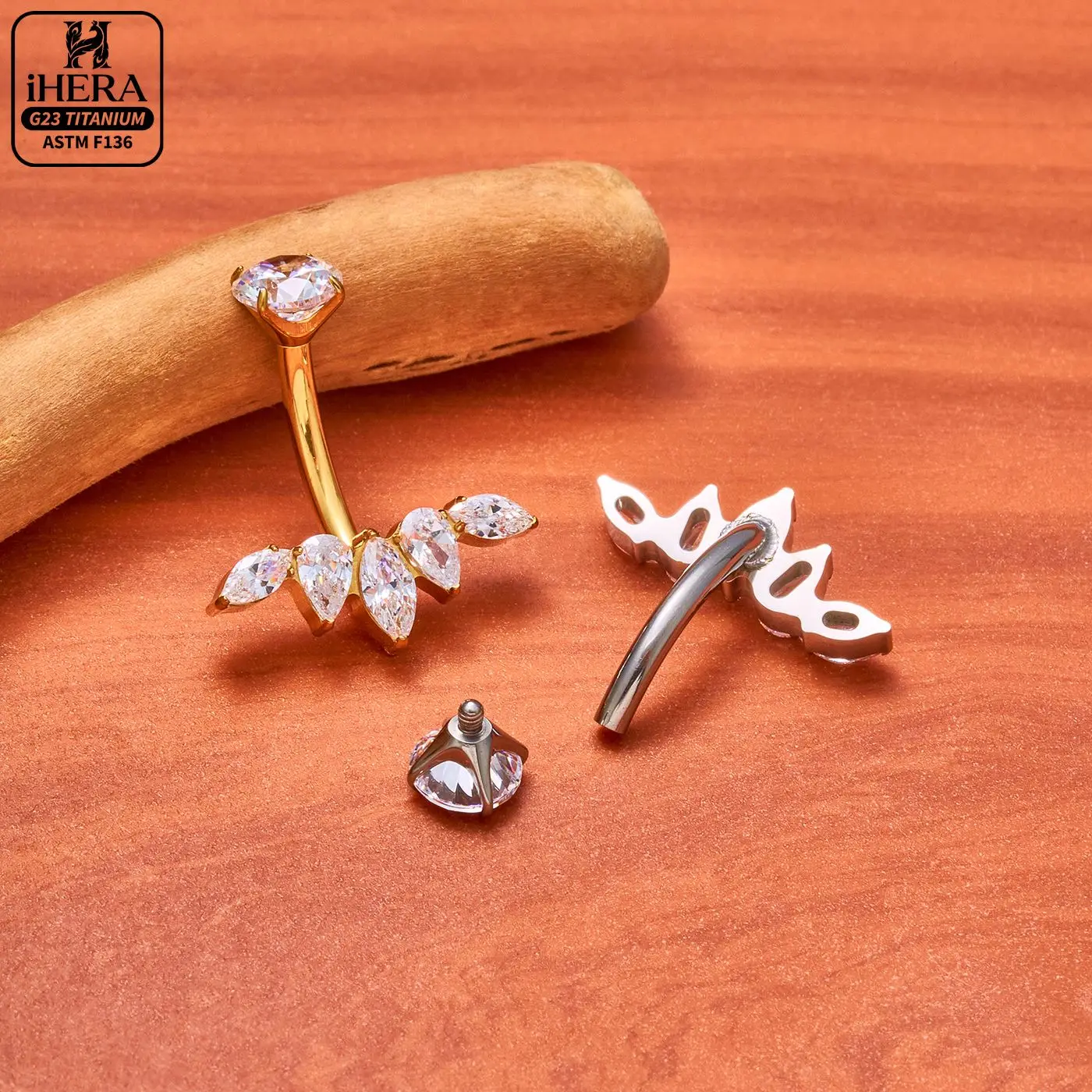 Classic Basic G23 Titanium Sparkly CZ Fan Baguette Curved Barbell Floating Navel Belly Button Rook Snug Eyebrow Piercing Set