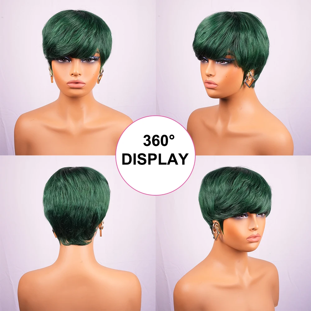 Зеленый цвет, 180% плотность, многослойный короткий парик с стрижкой пикси, прямой парик из человеческих волос с челкой, машинное производство, предварительно выщипанное для чернокожих женщин