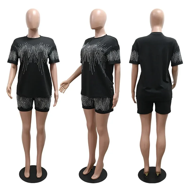 

Diamonds Hot Rhinestones Women's Set Short Sleeve O-neck T-shirt and Shorts 2025 Two 2 Piece Sets Outfit Tracksuits