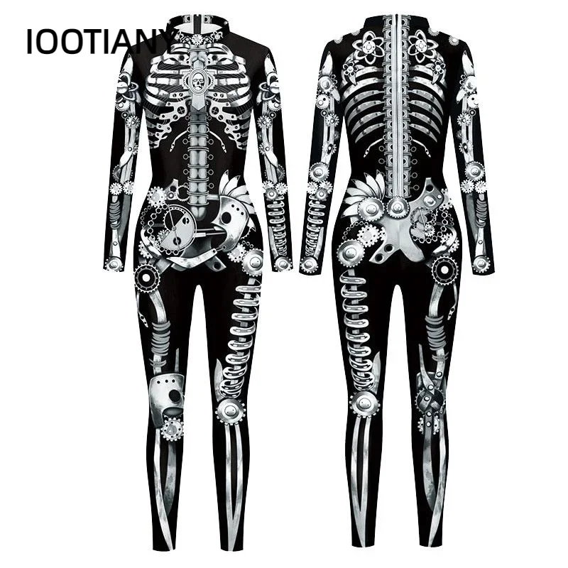 

CosplayIootiany Halloween Skeleton Skull Mechanical Gear 3d Printing Sexy Bodysuit Women Cosplay New Party Punk Steampunk Bodysu