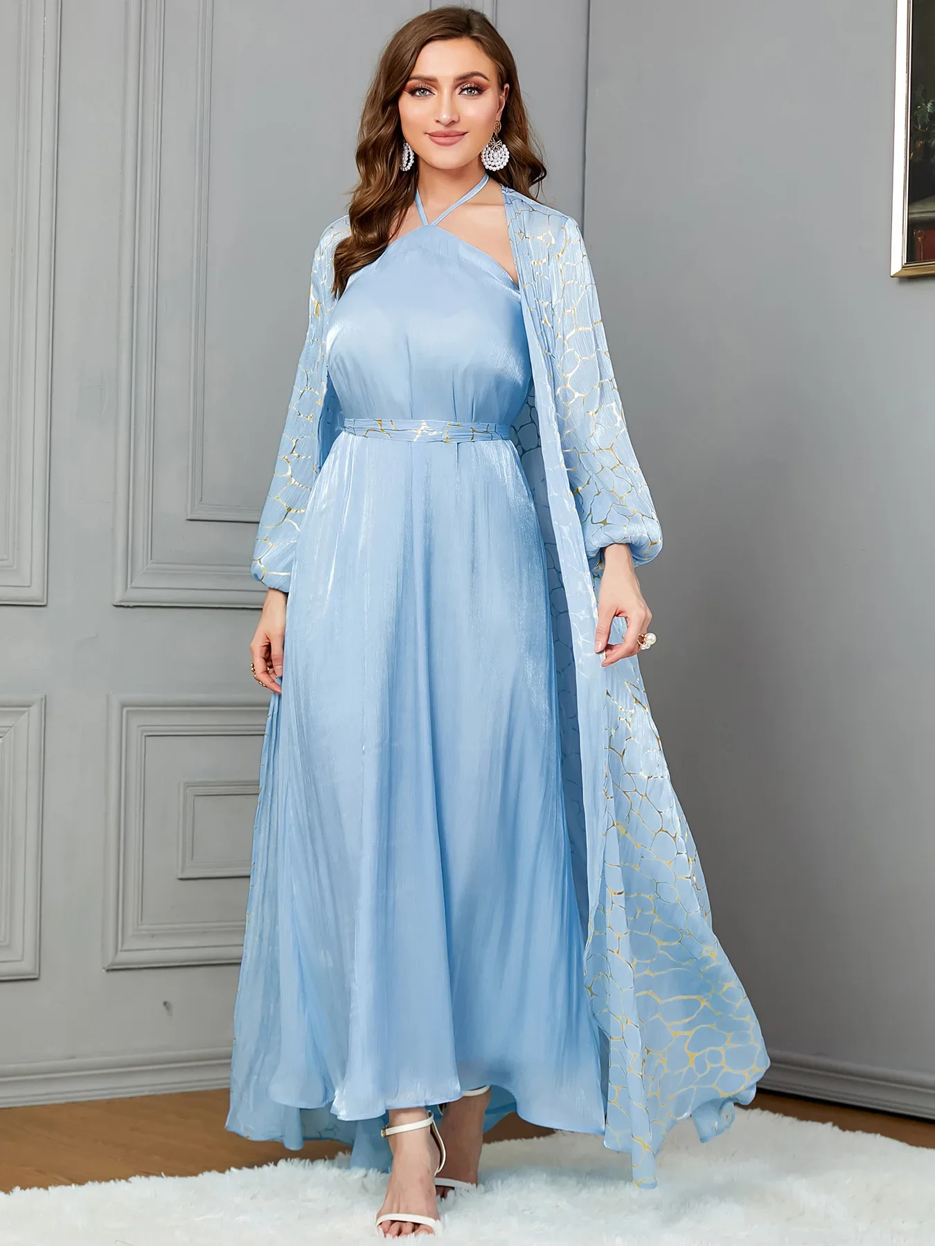 Eid Muslim Party Dress for Women Abaya Set 2 Piece Ramadan Long Dress Belt Morocco Kaftan Vestidos Largos Dubai Jalabiya 2024