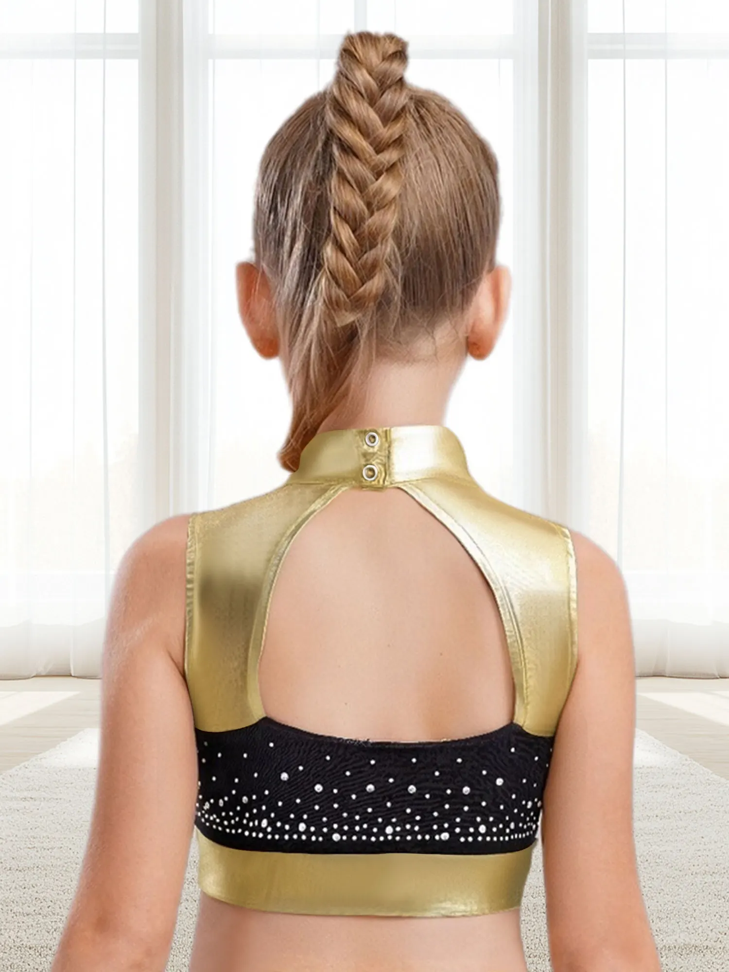 Costume de danse Jazz pour enfants filles, 3 pièces, strass brillants, bloc de couleur, haut court métallique + short + couvre-chef, uniforme de pom-pom girl scolaire