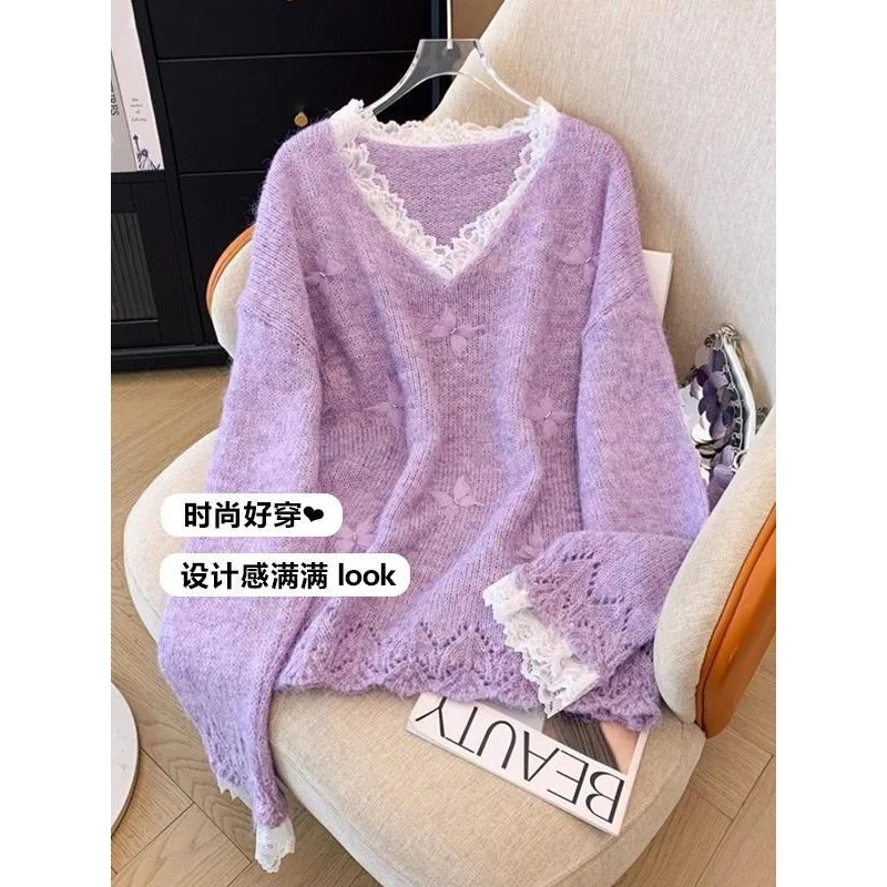 

Lace V-neck Purple Sweater for Women 2025 Winter New Style Beautiful Top