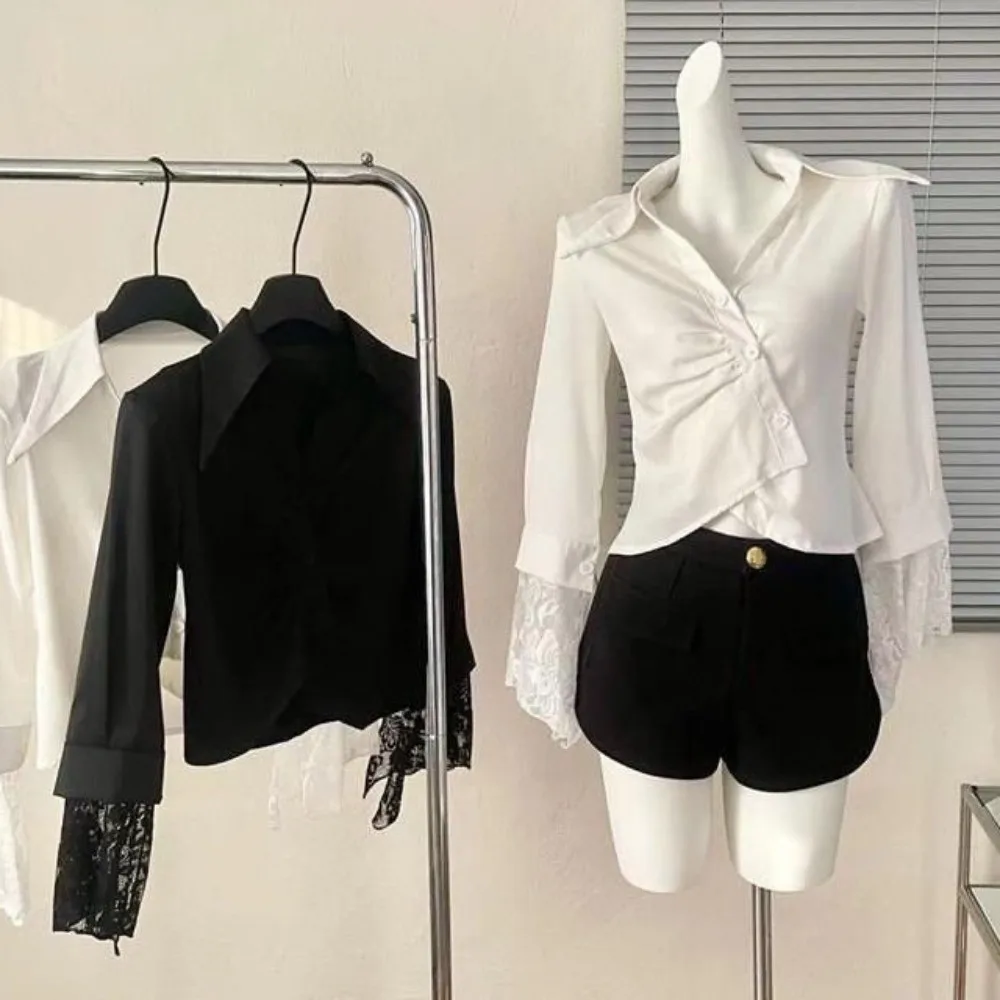 

V-neck Lace Long Sleeve Shirts Short Slim Fit Black White Korean Style Blouse Button Up Streetwear Slim Buttons Shirts Women