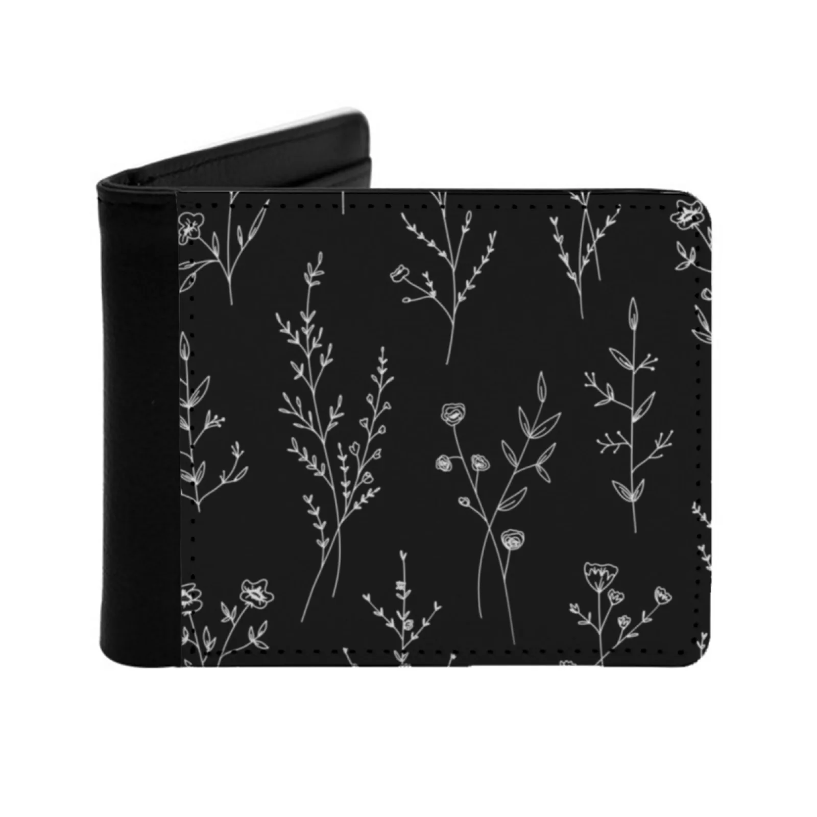 New Wildflowers Black Personalized Men's Leather Wallet Credit Card Pouch Purse Wildflowers Flowers Floral Botanical Botanic