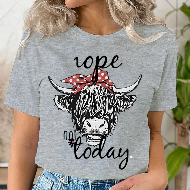 Women Funny T Shirts Cute Hairy Scottish Highland Cow T-Shirt Round Neck Casual Tops Women Cow Head & Letter Print Short T-shirt