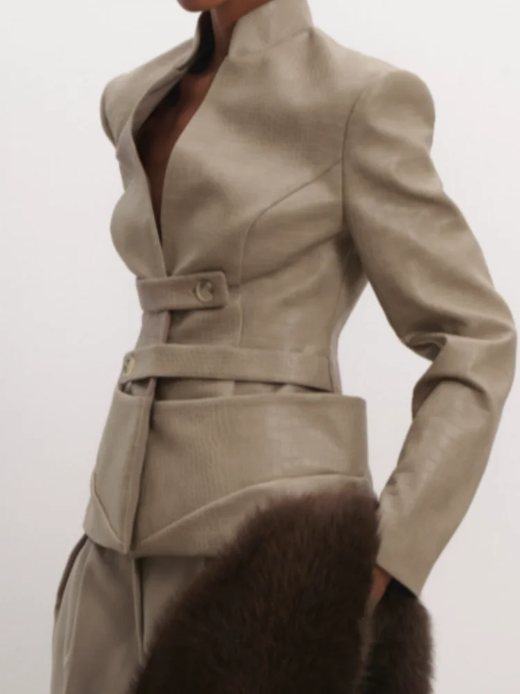 クロコダイルシックエンボスレザージャケット女性ファッションスタンドカラー V ネックフルスリーブシンチドウエストジャケットレディースハイストリートコート