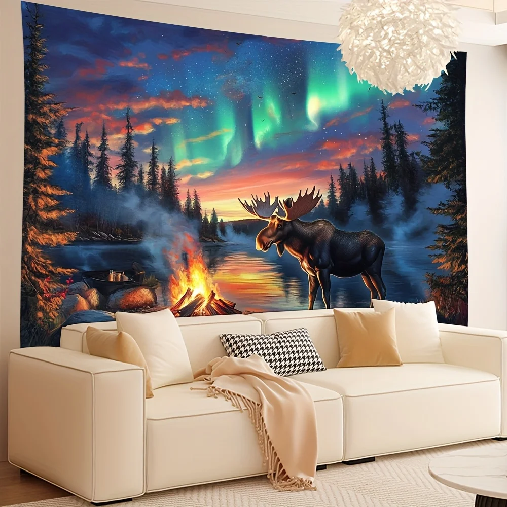 1pc Majestic Moose by Campfire Wall Mural - High-Quality Polyester Fabric, Elegant Nature Scene with Northern Lights, Perfect fo