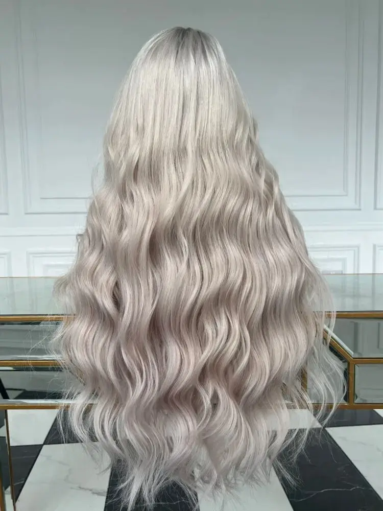 باروكة نسائية طويلة الطول موجة الجسم الاصطناعية HD الدانتيل الجبهة الباروكات تسليط الضوء على الشظية رمادي شقراء غلويليس الباروكات حفلة يومية تستخدم 26" #1