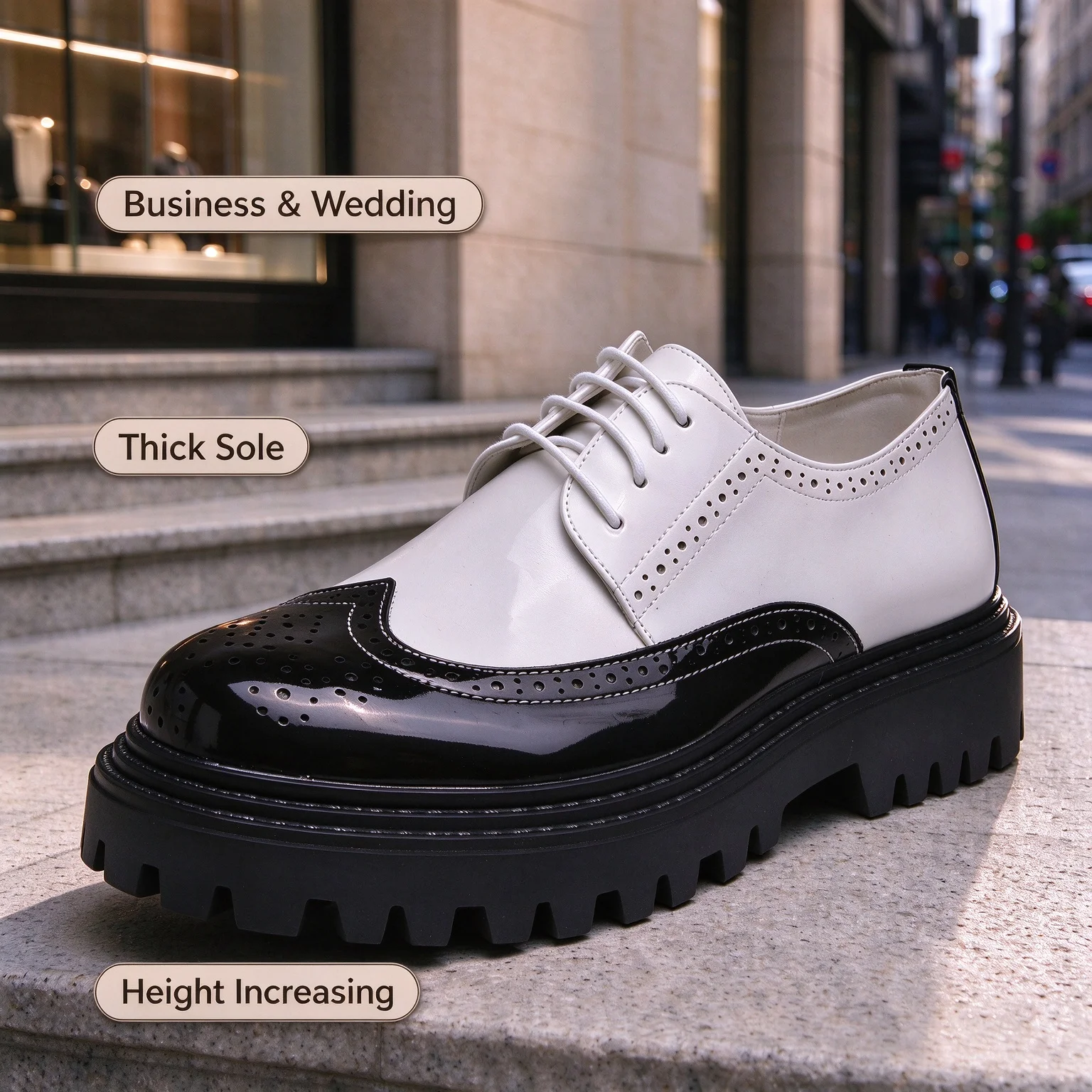 Men Wingtip Brogue Oxfords Patent Leather Lace Up Thick Sole Height Increasing Fashion Wedding Party Business Dress Footwear