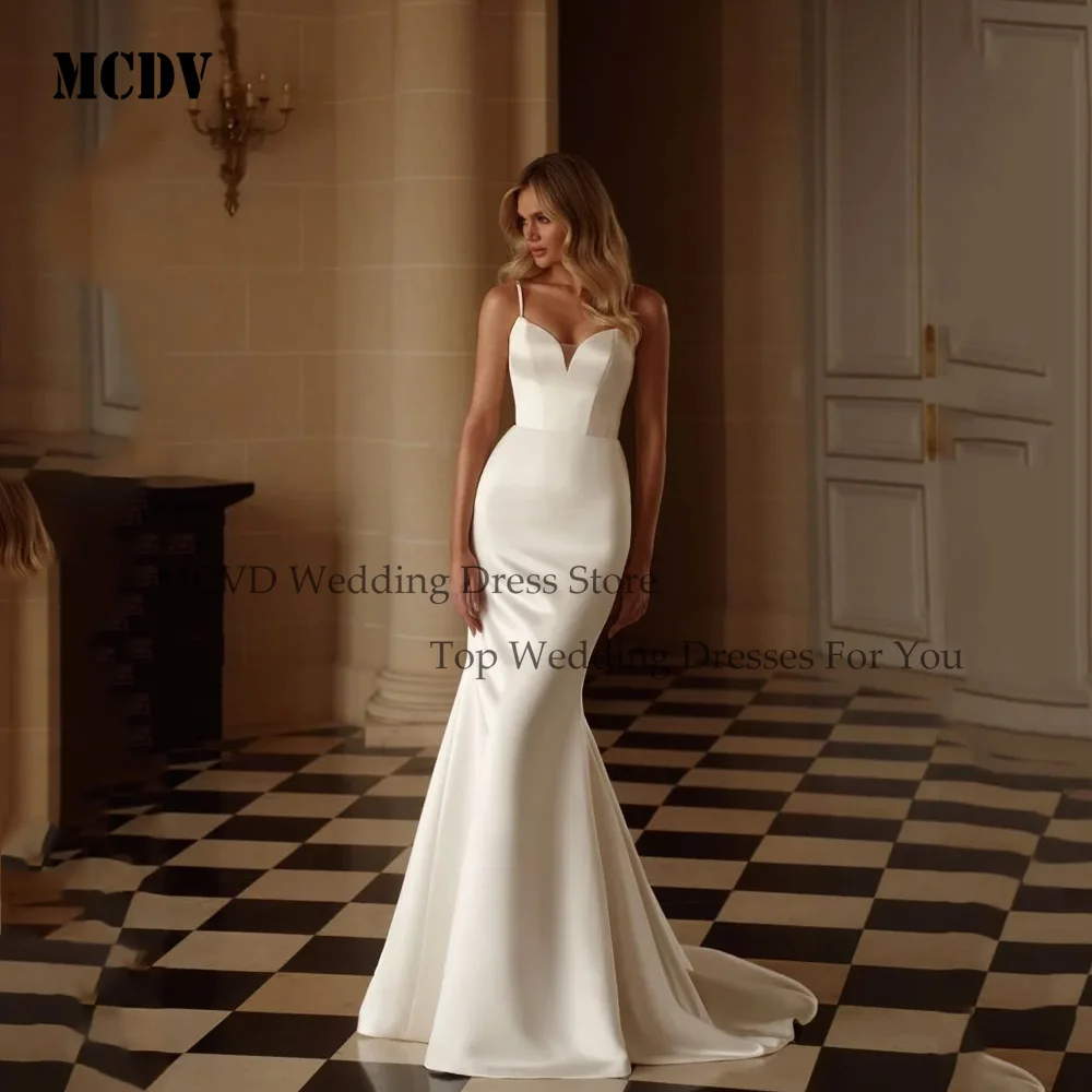 

MCDV Sexy Spaghetti Straps V Neck Wedding Dress With 3D Flower Pleat Mermaid Backless Satin Vestidos De Novia Customized