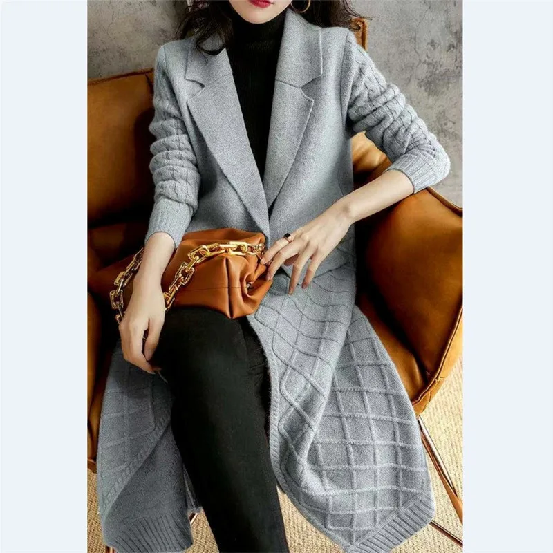 

Autumn Winter Lazy Style Knitted Cardigan Coat Women Long Sleeve Mid-Length Loose Turn-Down Collar Solid Color Thickened Swe