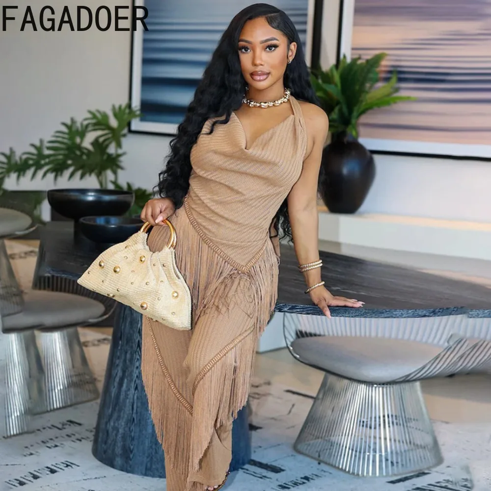 

FAGADOER Elegant Tassels Two Piece Sets Halter See Through Sexy Outfits Back Lace-up Irregular Top and Sheer Straight Pants Suit