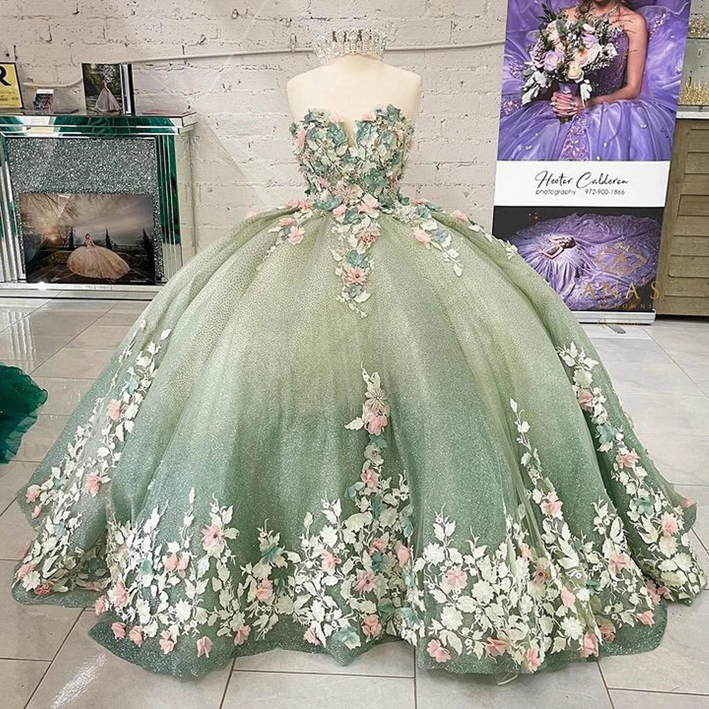 

Светло-зеленые цветочные платья ручной работы для Quinceanera, бальное платье, Женский корсет для сладкой вечеринки для девушек 15 дюймов