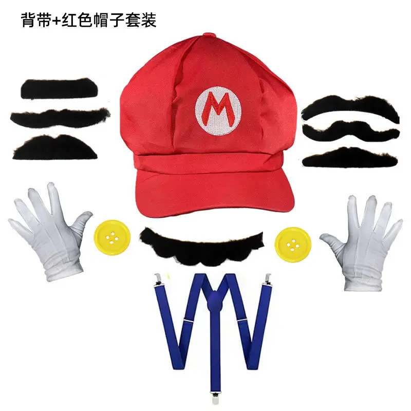 Traje de Chapéu Vermelho com Bigodes Luvas e Botões, Mary Cosplay Vestuário para Adultos Mulheres Homens, Traje de Halloween Infantil