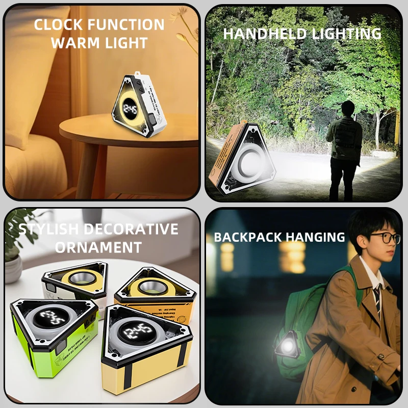 Triangle Mecha Portable Bluetooth Speaker with Digital Clock Warm Light Subwoofer Camping Flashlight for Outdoor Backpack Hangin