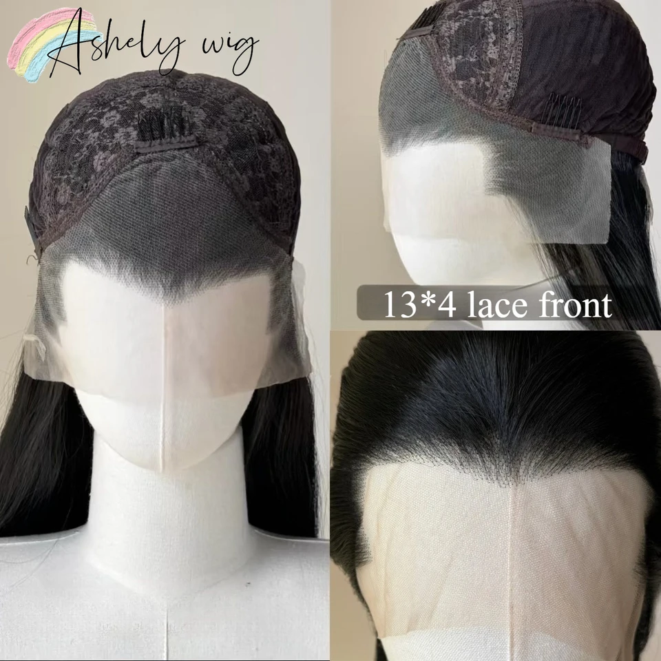 Peluca de encaje frontal negra Ashley con pico de viuda, 26 pulgadas, 13*4, sintética, lacia, resistente al calor, para cosplay 4