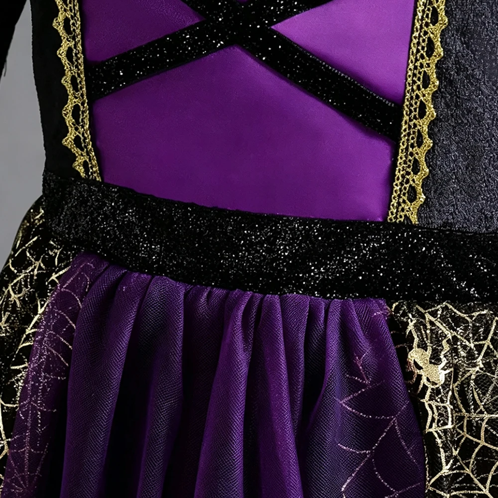 Halloween-Hexenkostüm für Mädchen, schwarzes, lila, langes Kleid mit langen Ärmeln, für Kinder im Alter von 2-10 Jahren, Karneval, Maskerade, Bühnen-Cosplay, Partykleid – Detail 7