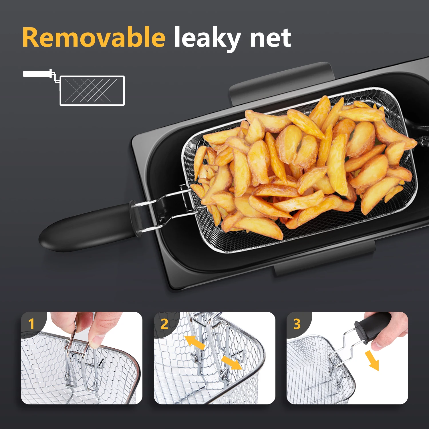 Friteuse en acier inoxydable de type 2200 avec couvercle de fenêtre d'affichage, récipient de vidange d'huile entièrement perfectionné, thermostat réglable, 3 litres, 304 W