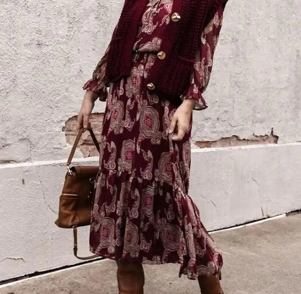 Vestido largo Vintage de gasa con estampado de flores rojas, vestido holgado de manga larga con cuello redondo y volantes, vestido bohemio a la moda para primavera y otoño