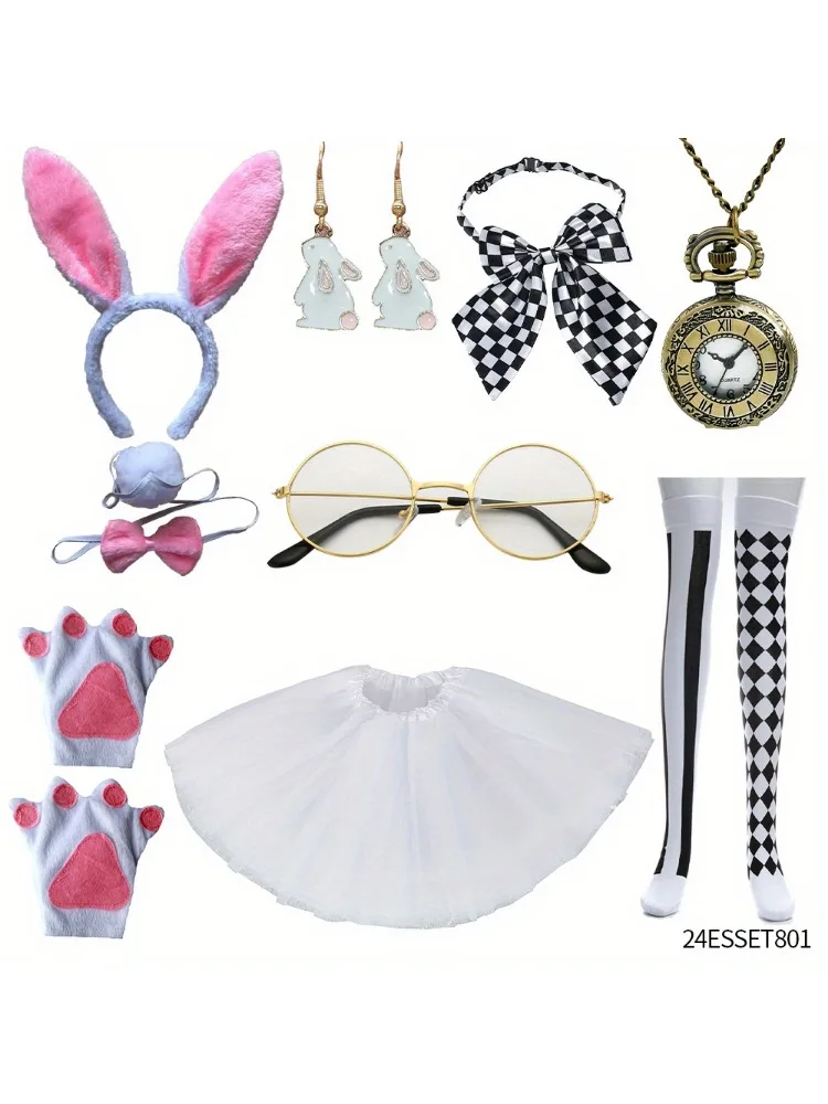 PESENAR White Easter bunny costume, bunny dress up accessories kit, includes watch headband, tie tail necklace and nose.