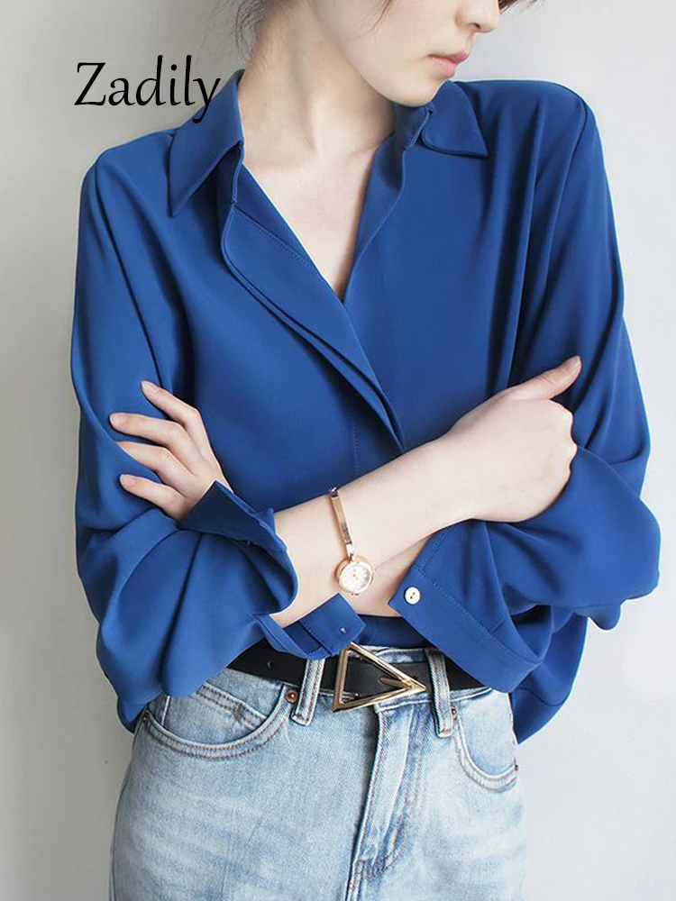 Zadily 2024 Spring Office Lady Long Sleeve Women Basic Blue Shirt Korea Style Loose Work Chiffon Blouse Female Tops Clothing